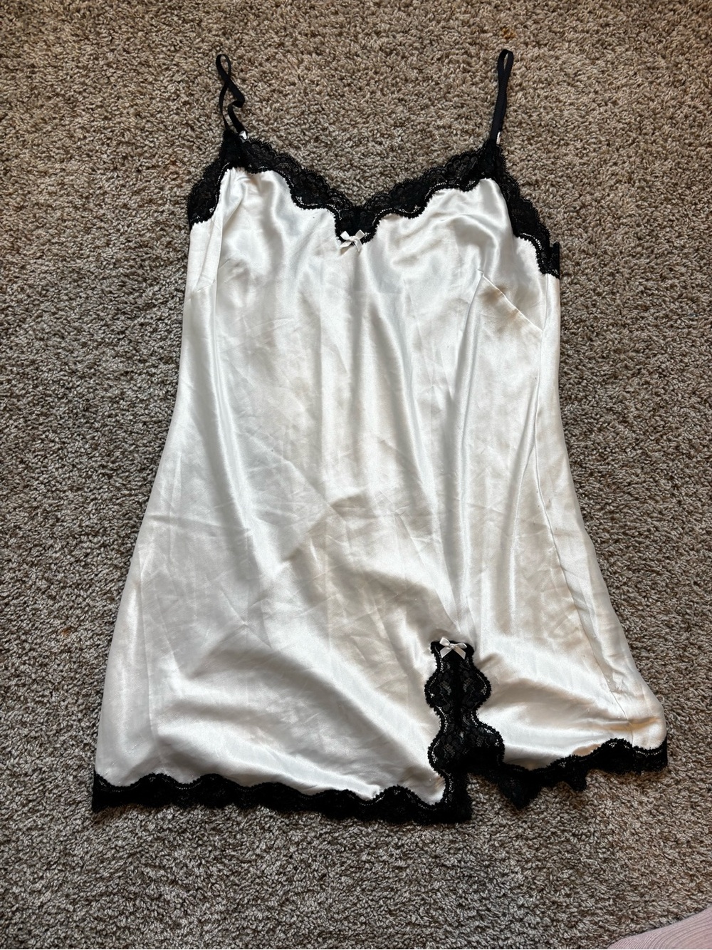 Victoria's Secret Ivory Satin Chemise with Black Lace